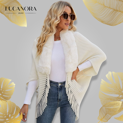 Alfonsa™️ Zimní pletené pončo se střapcem a kožešinovým límcem