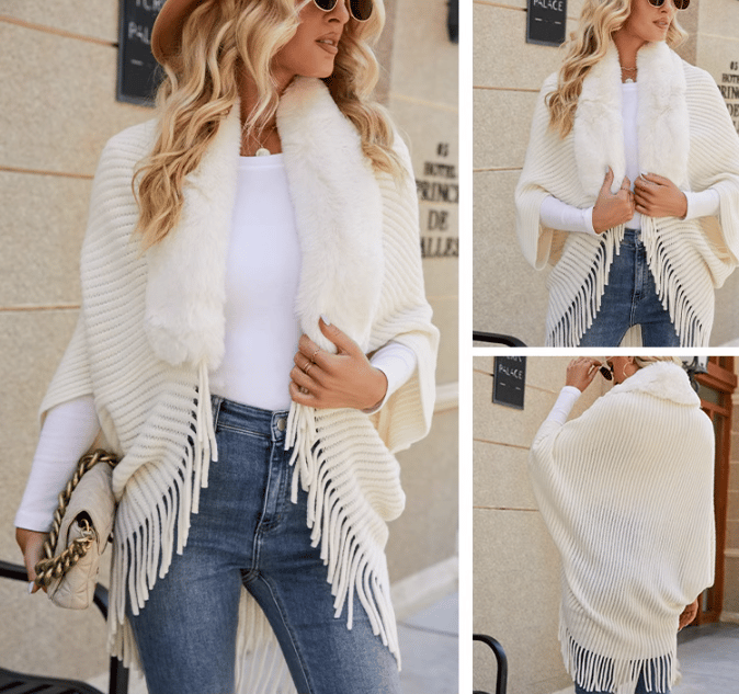 Alfonsa™️ Zimní pletené pončo se střapcem a kožešinovým límcem