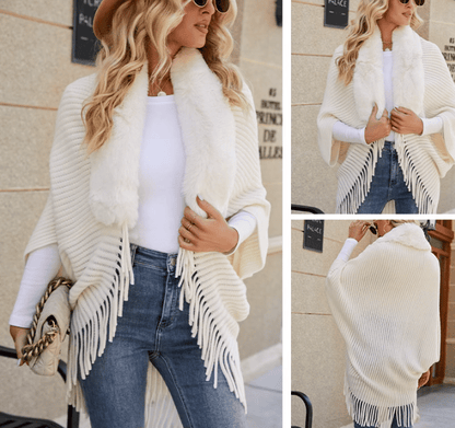 Alfonsa™️ Zimní pletené pončo se střapcem a kožešinovým límcem