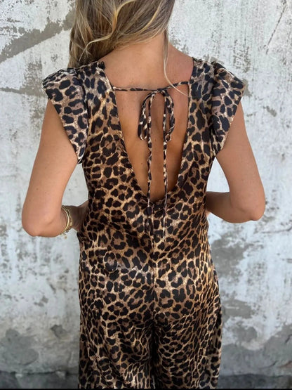 Azzurra Fradella™ Dámský overal výstřihem do V a leopardím potiskem