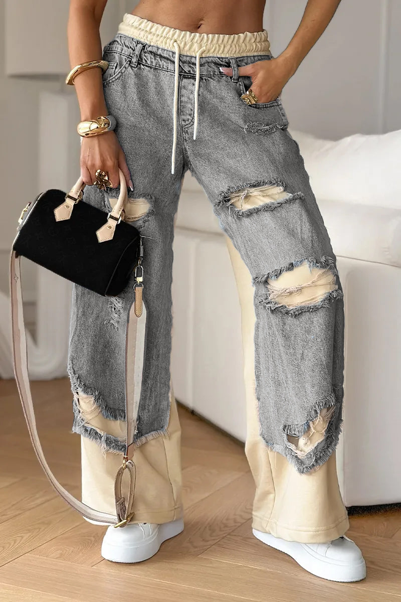 Deanna Motto™ Džínové kalhoty s prošíváním a roztrhaným designem